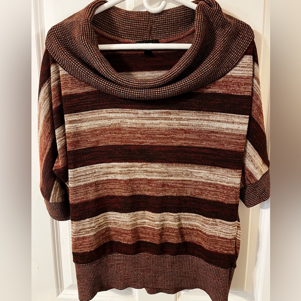 Cowl neck short sleeve brown striped sweater
